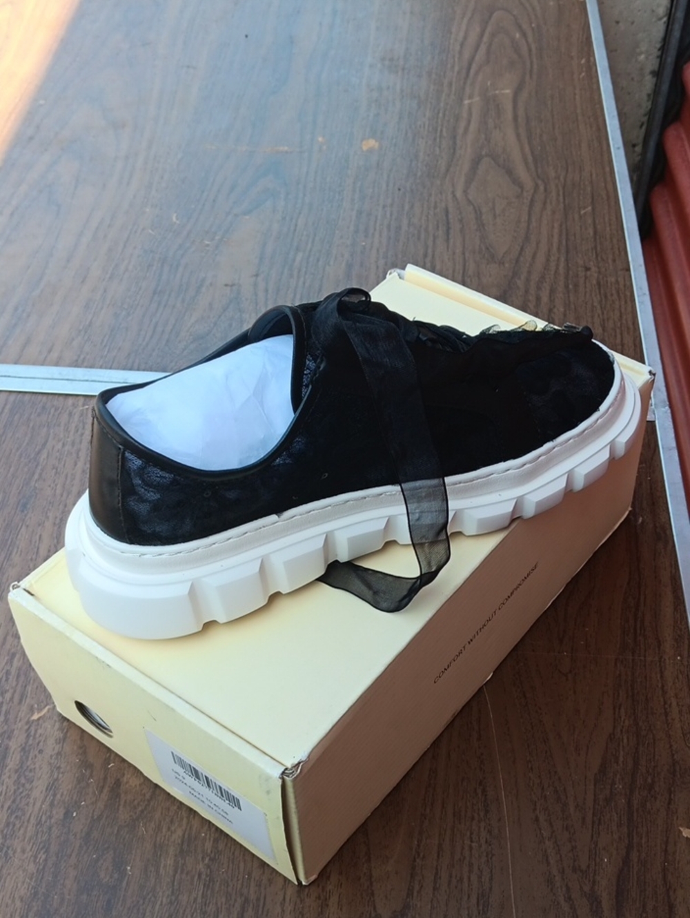Black Low-Top Platform Sneaker with Sheer Ribbon Laces